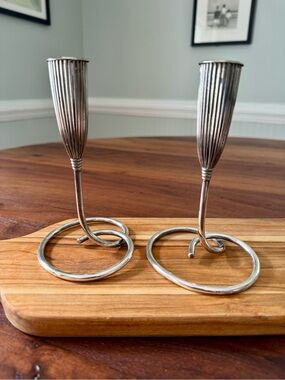 Pair Of Vintage MCM Candle Holders NAPIER Silver Plate Tapers Fluted Ribbed Mod